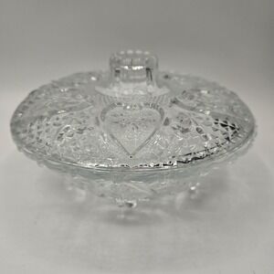 KIG Malaysia Vintage 7" Cut Glass Candy Dish w Lid Heart & Fleur-De-Lis Pattern